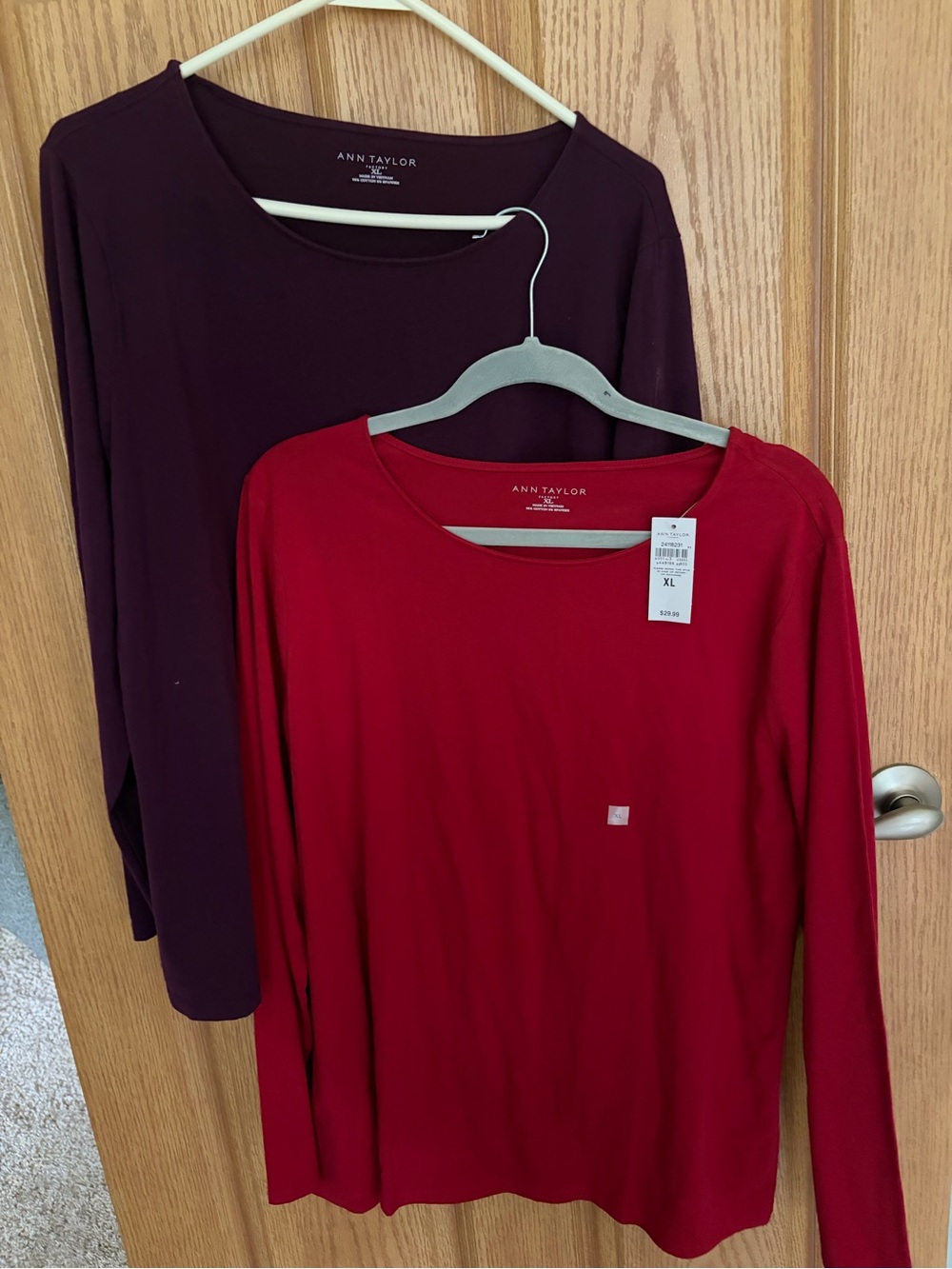 Ann Taylor Women's Long-Sleeve Crewneck Tops in Cherry Red and Deep Plum
